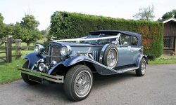 11930's style 2 door Beauford open-top convertible tourer in Arctic and Teal Blue with roof up 1
