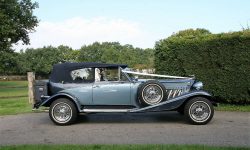 1930's style 2 door beauford open-top convertible tourer in Arctic and Teal Blue with roof up 3