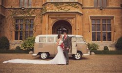 VW Campervan in White over Beige with Bride and Groom
